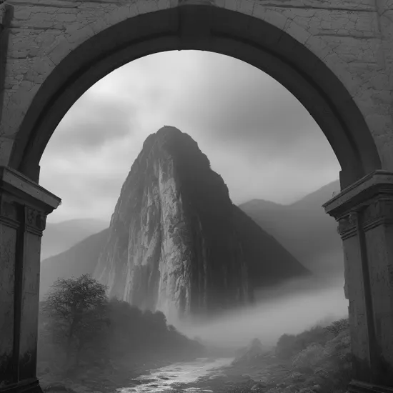 blackmetal style, xerox fog storm clouds, mountains and classical bridges, circular portal to central religious Donkey Kong, splash of orange paint,
