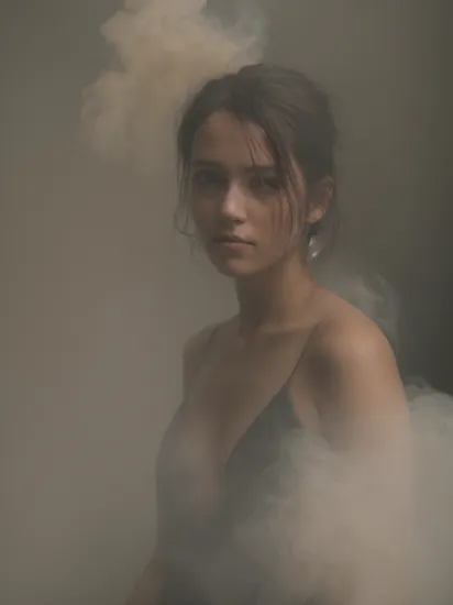 Portrait of a woman standing in front of smoke from a blackened building, in the style of playing with light and shadow, realistic depictions of human form, soft-focus portraits, conceptual installation, dark, muted colors, emotive expressions. 35mm photograph, film, professional, 8k, highly detailed