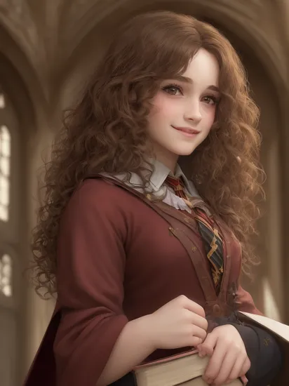 (masterpiece:1.4), (best quality:1.4), beautiful, extremely detailed face, perfect lighting, 1girl, solo, Hogwarts, Hermione Granger, ermione, , red tie, hogbrezwer, plain black skirt, gryffindor, (brown hair, long curly hair, curly brown hair), (brown eyes), small breasts, (happy smile), holding a book in one hand, (heavy makeup, slutty makeup), , cartoon style, in hogwarts, 