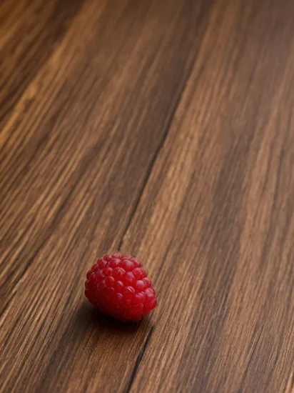 dark, black and color, close-up macro photography of a single raspberry on a wooden table, cinematic lighting