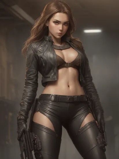 photo of (sumgl4u), a woman as Terminator, (leather jacket), (long leather pants:1.1), (tattered grey top), photorealistic painting, (full body shot:1.3), stunningly attractive, (holding a shotgun:1.2), (in a police station:1.1), highly detailed face, glitter, intricate, 8k, highly detailed, volumetric lighting, digital painting, intense, sharp focus, art by artgerm and rutkowski and alphonse mucha, cgsociety, ((detailed eyes)), (looking at viewer:1.3), (crowded stadium:1.2), (perfect thighs)