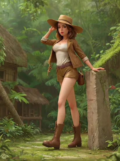 masterpiece, (photorealistic:1. 4), best quality, ultra high resolution, slender, sexy Kate Beckinsale in the jungle, dressed in explorer gear, brown leather jacket, big breasts, brown shorts, thick hips, brown boots, holding a machete, looking sexy, surrounded by dense jungle, green vegetation, exotic birds, (golden hour lighting), (harsh and realistic style), muted colors, inspired by Indiana Jones, (square aspect ratio), Simon Beasley art 