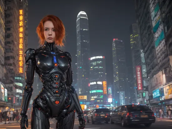 ((night Hong-Kong,  streets , intricate background)), (half body is android), (humanoid robot), ScyNet, robot terminator, redhead hair, Masterpiece, best quality ,photography, detailed skin, realistic, photo-realistic, 8k, highly detailed, full length frame, High detail RAW color art, diffused soft lighting, shallow depth of field, sharp focus, hyperrealism, cinematic lighting,      