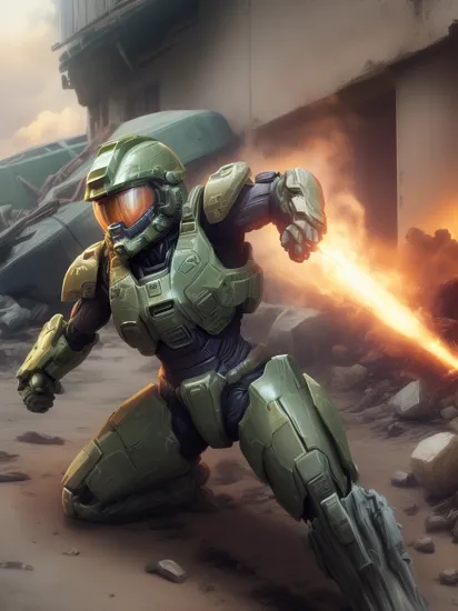 Master Chief Spartan 117 from Halo escaping explosion