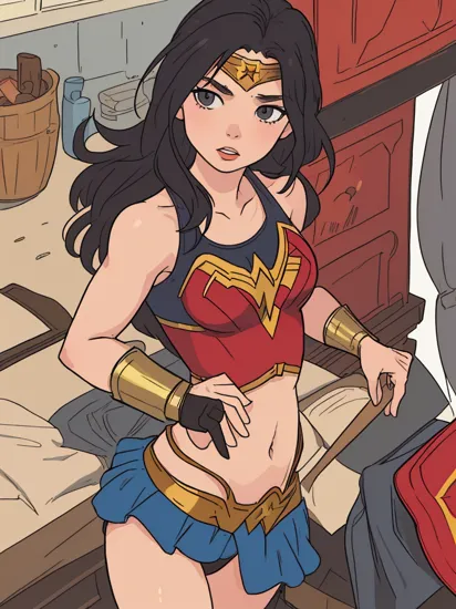 Clay Mann, wonder woman, solo, indoors, black tank top, panties, detailed, masterpiece, best quality, flat colors