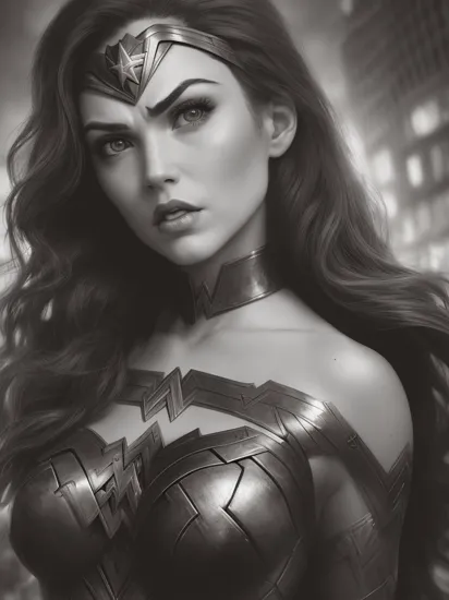 ((monochrome)) comics ,,Portrait,angry  wonder woman looking forward,theOldShadowRunStyles,masterpiece,best quality,high quality, backgound of new york  