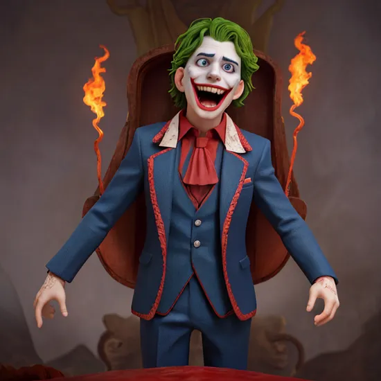 the Joker (DC comics), fire variant, suit made of flames:3, laughter:2, insanity:4, wide open mouth:3, creepy posture, sinister, cinematic photo, 32k, highly detailed, uhd, hdr, stunning image, intricate details, action background, ultra-realism, detailed, 32k, trending, stunning image, cinematic film, IMAX, cinematic composition, intricate details, HDR, UHD