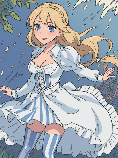 1girl, mature female, shiny skin, (masterpeice), (wallpaper), (high quality), (absurdres), , ,,cinderella, blonde hair, blue eyes, breasts, cleavage, dress, large breasts, long sleeves, looking at viewer, light smile, solo, striped, striped legwear, thighhighs, vertical-striped legwear, vertical stripes, white dress,braid,hair ornament, castle, outdoors, cowboy shot, skirt, panties,long dress, single braid, hands on own chest, wind lift,