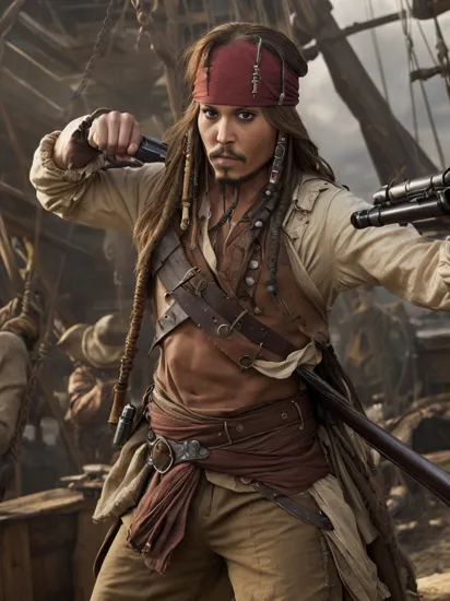 Fighting game style, photo of, Medium long shot, Captain Jack Sparrow duels fighting with British soldier,  n3wp1r4t3, gun shooting, smoke, gun fighting, on deck, extremely detailed face eyes hands, perfect hands, Dynamic, vibrant, action-packed, detailed character design, reminiscent of fighting video games