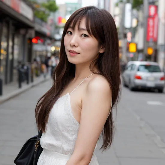 Portrait photography:2.3 of white japanese ethnicity 30 year old woman on city street, young, beautiful, high key (waist portrait:.5)