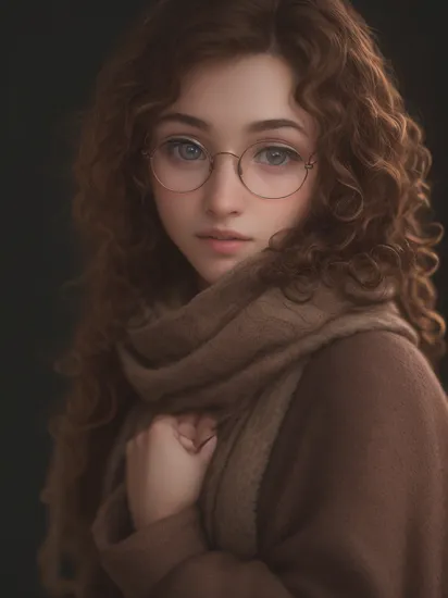 () ,a close up Portrait photo of (sw1) woman with brown curly hair, Detailed face, (perfect eyes), (highly detailed skin:1.1), perfect body, wearing Harry Potter Robe, Round Glasses, Wand, House Scarf, Marauder's Map, Modelshoot style, Professional Photography, soft lighting, PHOTOREALISTIC, Realistic, standing in a dark studio background, blurred background, volumetric fog, RAW, analog style, sharp focus, 8k, HD, DSLR, high quality, Fujifilm XT3, film grain, award winning, masterpiece,