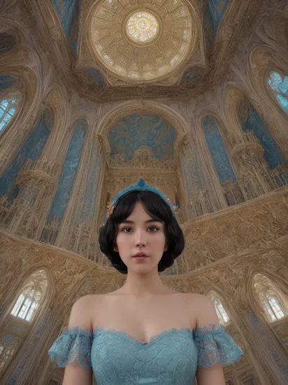 Low Angle shooting, super wide lens, A Black-haired girl, detailed face, ((half body)) portrait, aqua blue lace dress with a scalloped hem, with Rococo style decoration, gorgeous, An architectural structure made of multicolored geometric shapes, saturated pigment pools, fluid movements, reimagined religious art, resembles towering Russian block architecture, extremely detailed textures and lights, photorealistic 32K resolution, ,