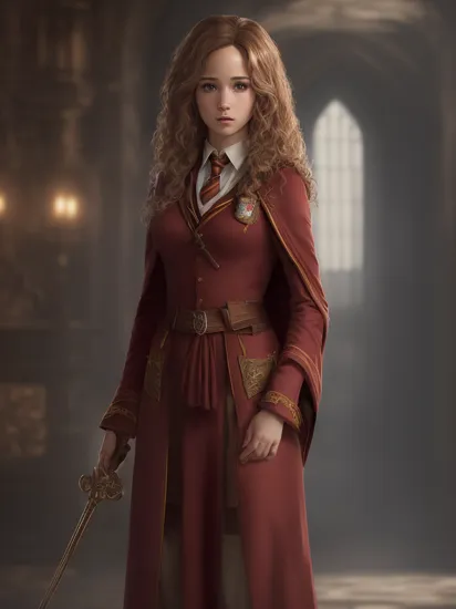 A stunning digital painting of (jennifer lawrence:1.0),solo, (middle shot:1.4), realistic, masterpiece, best quality, high detailed, (As Hermione Granger from the Harry Potter series, clad in her Hogwarts school uniform with a Gryffindor tie and robe, her wand at the ready. She stands in the halls of the magical castle, her intellect and loyalty shining through as she prepares to face challenges with her friends Harry and Ron.:1.3),(in the style of Hajime Sorayama:1.1),epic fantasy character art, concept art, fantasy art,  fantasy art, vibrant high contrast,trending on ArtStation, dramatic lighting, ambient occlusion, volumetric lighting, emotional, Deviant-art, hyper detailed illustration, 8k, gorgeous lighting, ,vamptech ,(full height portrait:1.8),(Slicked-back, wet-look hair that accentuates the angles of the face.:1.2)