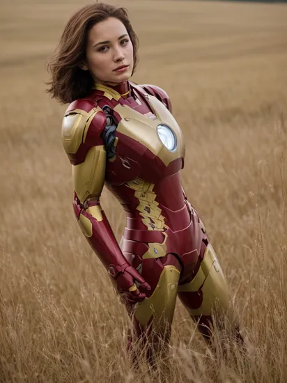 analog style, a movie still of gorgeous (khls woman), wearing a (iron man mark IV armor:1.2), in a field, 16mm, 
 