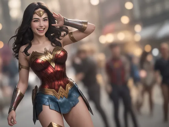 DC movies,photo of a 18 year old girl,wonder woman,happy,laughing,waving hands,ray tracing,detail shadow,shot on Fujifilm X-T4,85mm f1.2,sharp focus,depth of field,blurry background,bokeh,lens flare,motion blur,,