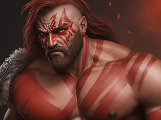 (extremely muscular:1.2) intimidating male barbarian as Kratos God of War, (red face paint:1.3), battle scars, angry, shouting,photo shot with macro lens