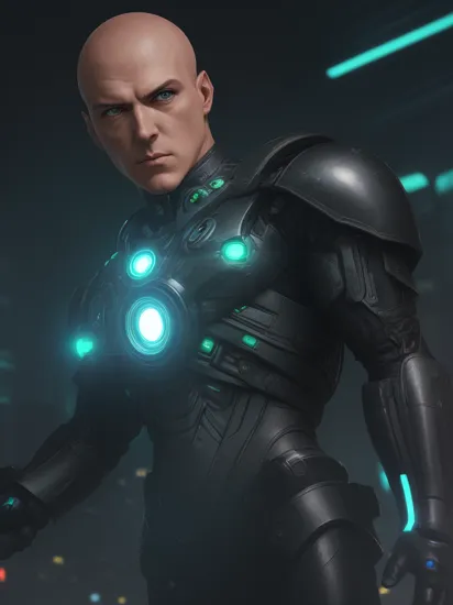 cybernetic eye, terminator, cyberpunk version, tron legacy, glowing lex luthor armor, full figure portrait of (bald lex luthor:1.5) in action pose, utility belt, cyborg, robotic arms, armored, gundam armour, blade runner, action pose, wearing infinity gauntlet, cyberpunk city, dramatic lighting, masterpiece, mechanical parts, cybernetic eye, ultra detailed, depth of field, neon lights, intricate, detailed skin, chrome, johnny silverhand arms, magic, powers, hero pose, realistic, 8k, uhd, best quality, mechanical parts, 5 fingers, vibrant colors, lex luthor neon green armour, cyberpunk universe on saturn moon