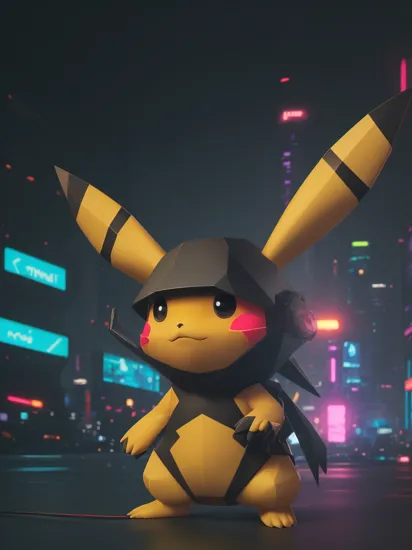 low-poly style Pikachu, Pokemon, (reimagined in a cyberpunk universe), (cyberpunk style), (cyberpunk), (augmentation), cybernetics, glowing neon lights, cinematic scene, hero view, action pose, beautiful 8k, detailed background, masterpiece, best quality, high quality, absurdres, vivid.. low-poly game art, polygon mesh, jagged, blocky, wireframe edges, centered composition