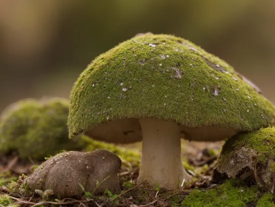 Macro Photography A single mushroom on mossy grounds, Sunbeams from the side, Foggy, Cold lighting, Macro Photography, often for close-up views, small subjects, or detailed examination.