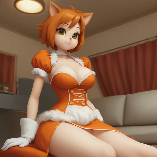 , masterpiece, best quality, vanilla the rabbit, brown eyes, animal nose, sonic the hedgehog (series), short hair, orange hair, dress, red vest, puffy sleeves, white gloves, looking at viewer, sitting, red shoes, inside, indoors, living room, rabbit girl, medium breasts, breasts, sonic the hedgehog \(series\), furry, furry female, highly detailed, couch, long dress, detailed background, perfect anatomy, mature female,