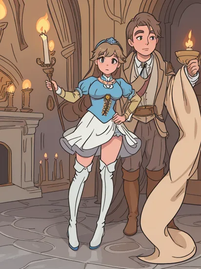 picture of 1 girl maja,  long brown hair with platinum highlights, large breasts ,wearing (Cinderella outfit:1.3) , (cloth bulge:1),  , (erect penis under skirt), (over the knee boots:1.2), castle interior, candlelight, castle, standing on marble floor, RAW photo, subject, (high detailed skin:1.2), 8k uhd, dslr, soft lighting, high quality, film grain, Fujifilm XT3