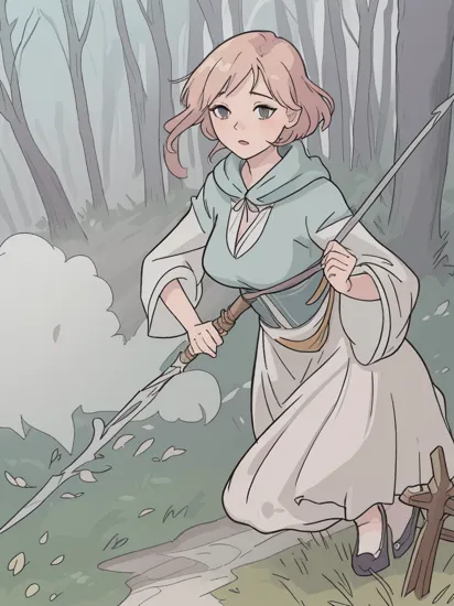 <lyco:jasmine sam-v2.0:1>  artstyle, line drawing, sketch, color, busty woman, Flowing Composition, Staff, Crouching, Transparent Material, Delicate Texture, Muted Color Palette, Misty Forest, Low-Angle Perspective, Soft Natural Light, Ethereal Atmosphere, Diffused Shadows, Magical Elements