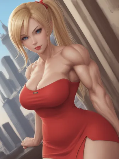 1girl, (solo), samus aran, jujunaught-66600, (((cartoon))), intricate details, perfect face, (detailed face), blonde hair, detailed eyes, blue eyes, (((portrait))), soft lighting, highly detailed, milf, (ponytail), (big pupils), (((round pupils))), comic, (((thick arms))), (((((muscular female))))), ((upper body)), smile, happy, (((photorealistic))), (cityscape), (((bimbo lips))), (((red dress))), tight, (office lady), ((castle))