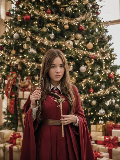 cinematic photo ,  ChristmasQuiron style, Christmas, Christmas tree, Christmas decorations,  Christmas style, Christmas spirit, best quality, ultra detailed, 8k, mysterious, (Olivia Munn) as  Hermione Granger (Harry Potter): Hermione's Gryffindor robes, bushy brown hair, and wand make her a popular choice among Harry Potter fans and cosplayers., . 35mm photograph, film, bokeh, professional, 4k, highly detailed
