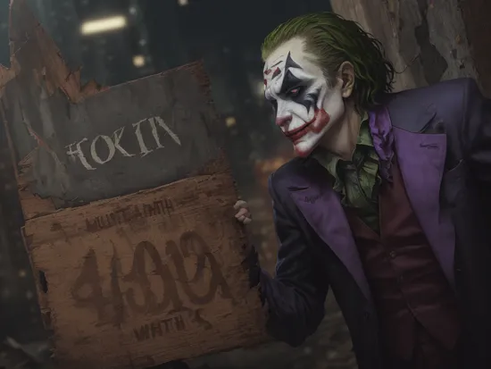 (((Masterpiece))),  (((joker from the movie Batman the |Dark Knight with a serious look on his face looking at the camera holding a rusty broken white sign with the numbers "404",))) ((Batman the dark knight is standing in the background looking at the joker)), ((Background:Gothem City with the Batman Signal shining into the sky)), (((The Joker is holding a rusty and damaged wooden splintered sign with the number "404" written on it))), ,complex 3d render, intricate reflections, ultra-detailed, HDR, Hyperrealism, sharp focus, Panasonic Lumix s pro 50mm, 8K, octane rendering, raytracing, (((professional photography))), high definition, photorealism, hyper-realistic, bokeh, depth of field, dynamically backlit, sharp edges, studio, vibrant details, ((professional Color grading)),photorealistic,Movie Still