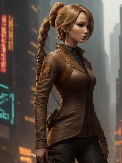 niji:1.5 style artwork::Jennifer Lawrence as Katniss Everdeen from the Hunger Games film, dressed in the style of cyberpunk 2077 character V, dystopian city with skyscrapers, looking fiercely at the camera::porcelain skin, pastel gradient color scheme, hyper detailed, intricate, epic composition, trending on behance