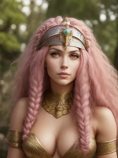 a beautiful woman,  (pink cleopatra hair:1.2), (warrior princess:1.2), (Bavaria culture:1.2), (barbarian warrior), fantasy character, realism, perfect rendered face, perfect face details, realism, perfect rendered face, perfect face details, hyper real, photography, professional, sharp, bokeh, studio quality, delighted, by Steve McCurry, by Ilia Repin, by Robert Capa