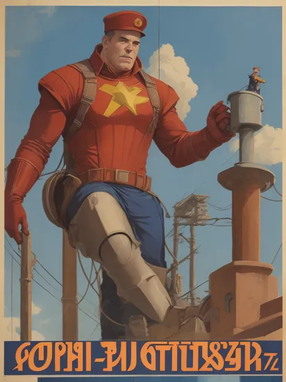  soviet poster, thanos electrician on a pole