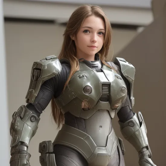 (((a woman wearing a master chief armor posing at a comic con)))   1girl, lips, realistic, solo, long hair, breasts, brown hair, medium breasts, blonde hair, nose, grey eyes, smile, tan, brown eyes, tanlines,