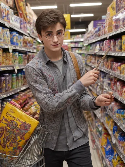 Harry Potter, Visiting in a Grocery store, Gray hairstyle, background, vivid colors, patterns, intricate designs, colorful, rich colors,  the, hassan, and, hjjaj, style