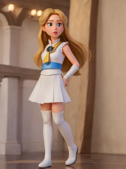 (masterpiece:1.34), modelshoot style, (8k:1.22), (realistic:1.24), (photo realistic:1.37), (hyper realistic:1.25), (ultra high quality:1.33), Rapunzel wearing a white sleeveless Starfleet uniform which ends in a short skirt, open vest, white thigh high boots,  on a starship bridge, round face, highly detailed face, military pose  