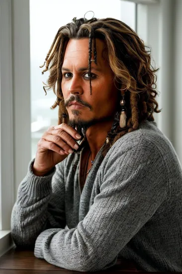 Johnny Depp, Casual man @JohnnyDepp, curly hair, ribbed grey sweater, relaxed against a white column, soft indoor lighting, neutral background with minimalist feel, medium shot providing an intimate perspective, tranquil and unassuming presence in a serene, contemplative moment.