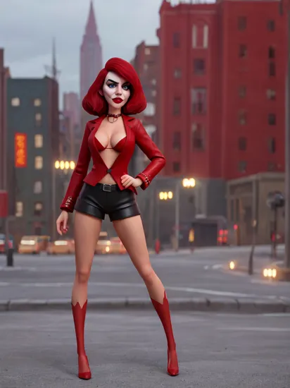 The Joker (woman) showing off legs in the bronx, legs in a legshow with (black high heels:1.1), wearing red leather coat and bikini bottom,  high detail, sharp focus, photorealistic, moody, hyperdetailed, 8k,  depth of field, ( front facing:1.1), city in the background, psycho, psychopath