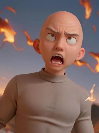 saitama, anime, one punch, 1boy, bald, male focus, close up, emphasis lines, open mouth, angry, fire, upper body, best quality, masterpiece, <lora:Saitama-10:1>