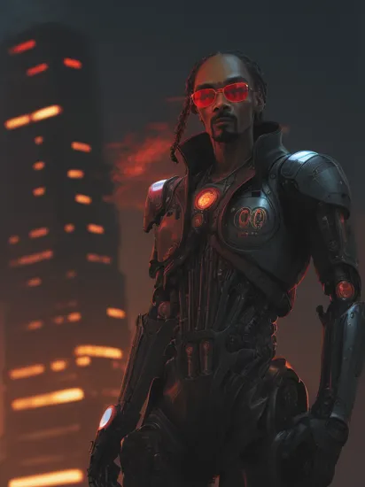 a photo snoop dogg as a t-100 terminator robot chassis from the neck down, glowing red pupils, cyberpunk city in background, he's wearing cool illuminated shades, smokey background