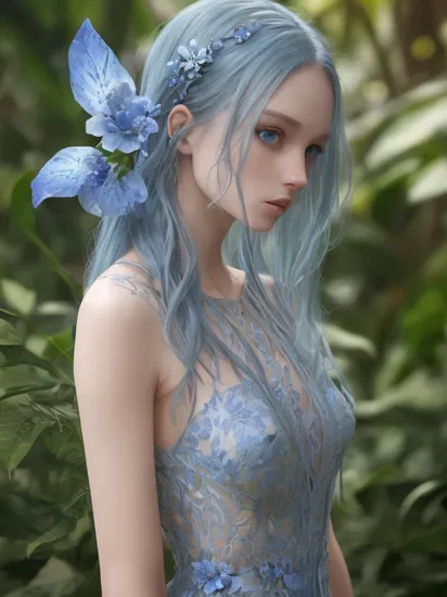 fashion photography portrait of blue human avatar, in blue lush jungle with flowers and birds, 3d render, cgi, symmetrical:1.1 , octane render, 35mm, bokeh, 9:16, (intricate details:1.12), hdr, (intricate details, hyperdetailed:1.15), (natural skin texture, hyperrealism, soft light, sharp:1.2), gorgeous lighting, light showing through plants, facing viewer, beautiful blue flower dress, beautiful blue eyes, beautiful blue hair, blue flowers in hair, blue butterflies, upper body focus, holding a decaying flower