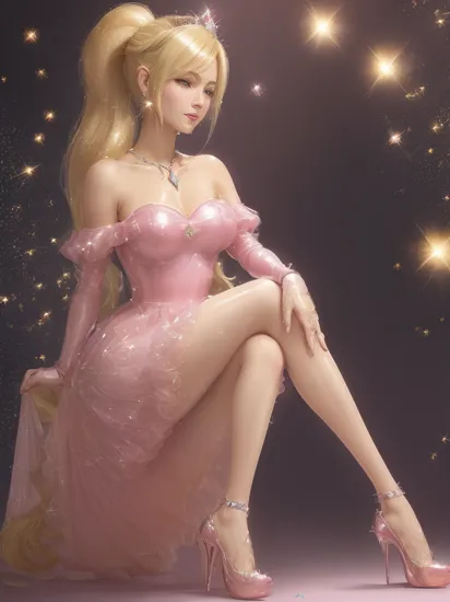 professional detailed (full body) photo, (samus aran:1.2) dressed in (latex (Rosalina pink off-the-shoulder dress:1.2), (blonde ponytail), (jewelry, off-the-shoulder pink dress, princess crown, jewel brooch, long wide sleeves), (perfect face, beautiful face, symmetric face), (shiny glossy translucent clothing, gleaming oily latex fabric :1.1), (sparkles, sparkling hair, sparkling clothes, sparkles around face:1.3), (high heels),
8k, RAW photo, photo-realistic, masterpiece, best quality, absurdres, incredibly absurdres, huge filesize, extremely detailed, High quality texture, physically-based rendering, Ray tracing,