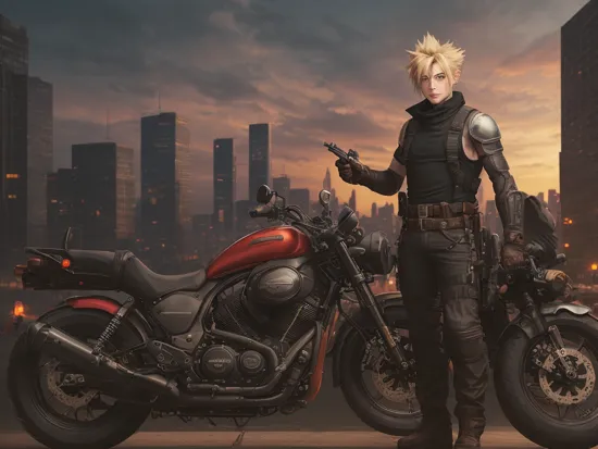 masterpiece, best quality, highly detailed, ,
full body, standing, on motorcycle, (smug, light smile), (looking at viewer:1.2), (holding, holding gun:1.0), (rifle, assault rifle:1.3), (trigger_discipline:1.2), ,
(solo), (1boy), , cloud strife, spiky hair, blonde hair, short hair, blue eyes, big eyes, tones, (abs:0.9), long legs,
shoulder armor, sleeveless turtleneck, suspenders, brown belt, black pants, baggy pants, gloves, bracer, brown boots, brown gloves,
black motorcycle, motorcycle, harley davidson, red sky, sunset, stars, clouds, rock road, cyberpunk cityscape, new york city, night, statue of liberty