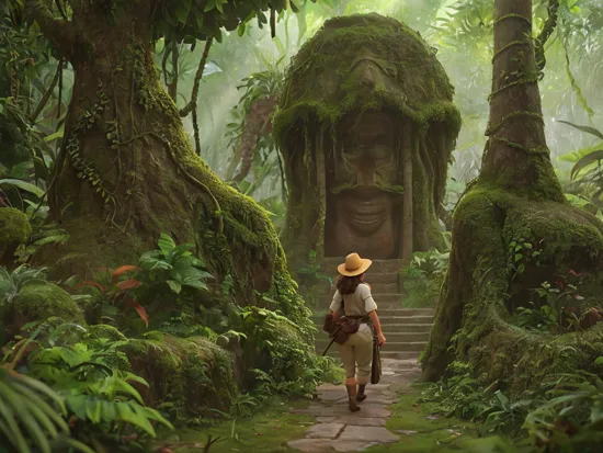 Rear View, Along an old weathered overgrown jungle path, behind the busty sister of Indiana Jones in a dense, enchanted rainforest jungle, old archaeologist equipment with a large Cleavage and a sweaty transparent shirt, water vapor in the tree peaks, sunset, walks towards a large Inca statue that looks like Super Mario , statue made of old weathered white sandstone covered with moss,8k UHD,ultra high res,RAW,HDR,,depth of field,unreal engine 5, film grain, trending on artstation,  
