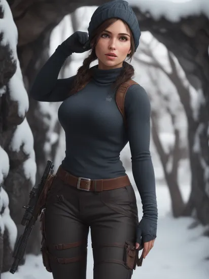 Lara Croft, blue turtleneck, long black pants, winter, snow, cave, action pose, beanie(8k, RAW photo, best quality, masterpiece:1.2),ultra-detailed, (high detailed skin:1.2), 8k uhd, dslr, soft lighting, high quality, 