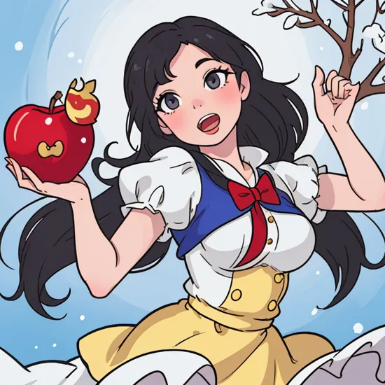 Snow White disney movie ,disney artwork,  upper body, detailed face, beautiful , looking at viewer, open_mouth, porn, nsfw, boobs full displayed , petite figure, small boobs, small tits [boobs size : 0.2], detailed eyes, black hair, holding red apple, wearing snow white yellow dress