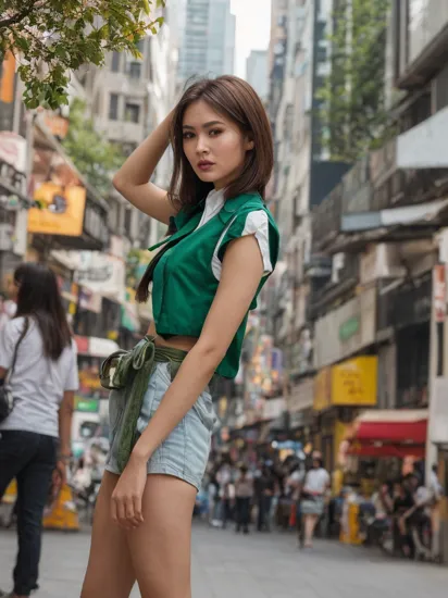 (from ground shot:1.3), stunning young girl, (sharp jawline:1.1), (full lips:1.1), (almond-shaped eyes:1.1), (high cheekbones:1.2),wearing green thai_girlscout_uniform, standing tall in the center of a bustling metropolis, bright sunlight (sunny day:1.1), shot from a low angle, cinematic, vibrant (vivid:1.3) colors, urban landscape, (modern:1.1) fashion, photorealistic portrait, captured by Alexi Lubomirski, Fuji x-t3, rich and lifelike texture, trending on artstation, (city:1.1) street photography

,,