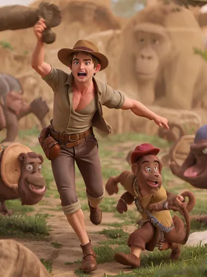 Chris Hemsworth as Indiana Jones, hat, running away from a giant ape. blurry.