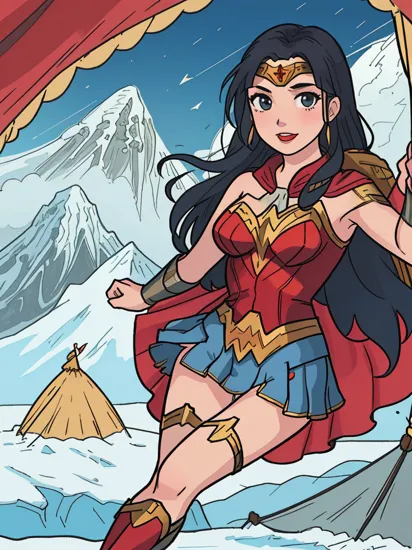 Photo of Wonder Woman standing at the top of Mount Everest, with tents visible in the background.
red lips, (tents:1.2)
