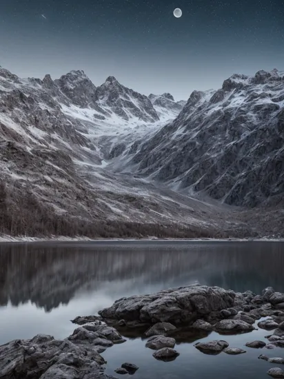 photo RAW,(winter,night,mountains and a lake with a moon in the sky, 4k highly detailed digital art, 8k hd wallpaper very detailed, impressive fantasy landscape, sci-fi fantasy desktop wallpaper, 4k detailed digital art, sci-fi fantasy wallpaper, epic dreamlike fantasy landscape, 4k hd matte digital painting, 8k stunning artwork,Realistic, realism, hd, 35mm photograph, 8k), masterpiece, award winning photography, natural light, perfect composition, high detail, hyper realistic, (composition centering, conceptual photography)