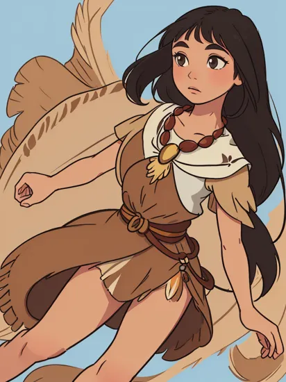 (masterpiece, best quality:1.2), 1girl, solo, (pocahontas:1.1), from disney's pocahontas, tan and brown, black hair, long hair, native american, tan fringed dress, blue necklace, barefoot, brown eyes, simple background, brown background